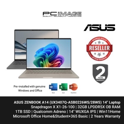 ASUS ZENBOOK A14 (UX3407Q-ASB0226WS/28WS) SD X1-26-100, 32GB LPDDR5X, 1TB SSD, Qualcomm Adreno, 14" WUXGA 60HZ, Win11H, OfficeHNS24+365 Basic, 2 Years Warranty