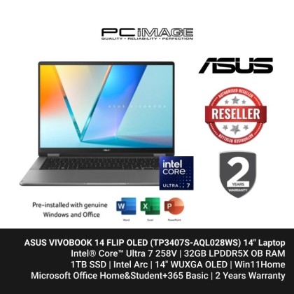ASUS VIVOBOOK 14 FLIP OLED (TP3407S-AQL028WS) U7-258V, 32GB LPDDR5X, 1TB SSD, Intel ARC, 14" WUXGA OLED 60HZ, Win11H, OfficeHNS24+365 Basic, 2 Years Warranty Matte Grey