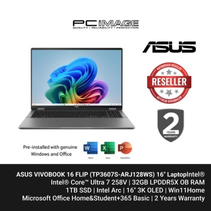 ASUS VIVOBOOK 16 FLIP (TP3607S-ARJ128WS) U7-258V, 32GB LPDDR5X, 1TB SSD, Intel ARC, 16" 3K OLED 120HZ, Win11H, OfficeHSN24+365 Basic, 2 Years Warranty Matte Grey