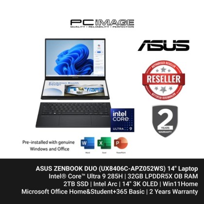 ASUS ZENBOOK DUO (UX8406C-APZ052WS) U9-285H, 32GB LPDDR5X, 2TB SSD, Intel ARC, 14" 3K OLED 120HZ, Win11H, OfficeHNS24+365 Basic, 2 Years Warranty Inkwell Grey