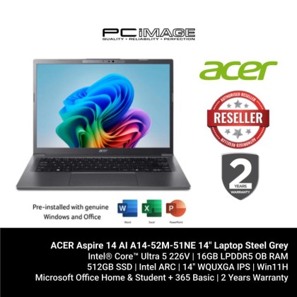 ACER Aspire 14 AI A14-52M-51NE 14" Laptop Steel Grey (U5 226V, 16GB LPDDR5X, 512GB SSD, Intel, Win11H, OfficeHNS24+M365 Basic, 2YW)