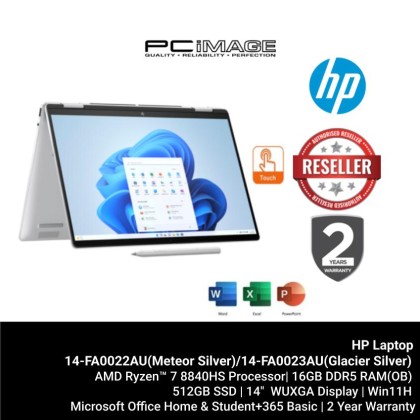 HP ENVY X360 14-FA0022AU/14-FA0023AU LAPTOP METEOR SILVER/GLACIER SILVER  (R7-8840HS/16GB DDR5-6400(OB)/512GB/AMD RADEON INTEGRATED/14" WUXGA TOUCH/W11H/MS24+BASIC 365/2YW)