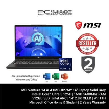 MSI Venture 14 AI A1MG-027MY 14" Laptop Solid Grey (U5-125H AI, 16GB 5600Mhz, 512GB SSD, Intel Arc, 14" OLED 2.8K 120HZ, Win11H, OfficeHNS21, 2YW)