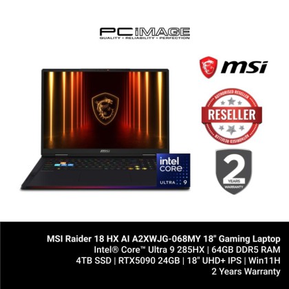 MSI Raider 18 HX AI A2XWJG-068MY 18" GeForce RTX™ 5090 24GB Gaming Laptop Core Black (U9-285HX AI, 64GB 6400Mhz, 4TB SSD, 18" UHD+ 120Hz, Win11H, 2YW)