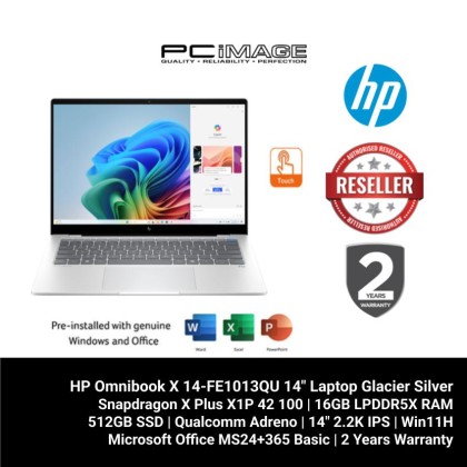 HP Omnibook X 14-FE1013QU 14" Laptop Glacier Silver (SD X1P-42-100, 16GB DDR5, 512GB SSD, Adreno, Win11H, OfficeMS24+365 Basic, 2YW)
