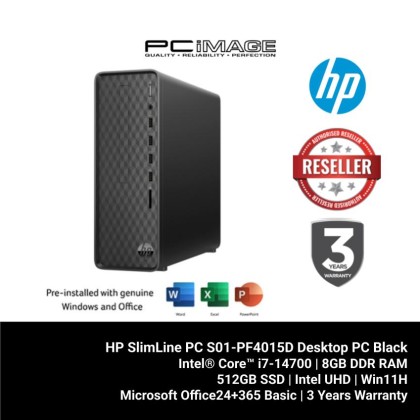 HP SlimLine PC S01-PF4015D Desktop PC Black (i7-14700, 8GB RAM, 512GB SSD, Intel, Win11H, OfficeMS24+365 Basic, 3YW)