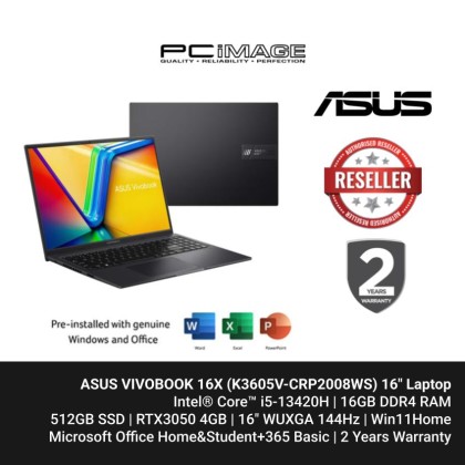 ASUS VIVOBOOK 16X (K3605V-CRP2008WS) i5-13420H, 16GB DDR4, 512GB SSD, RTX3050 SSD, 16" WUXGA 144HZ, Win11, OfficeHNS24+365 Basic, 2YW