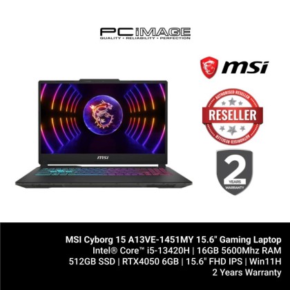 MSI Cyborg 15 A13VE-1451MY 15.6" Gaming Laptop Translucent Black (i5-13420H, 16GB 5200Mhz, 512GB SSD, RTX4050 6GB, 15.6" FHD 144Hz, Win11H, 2YW)