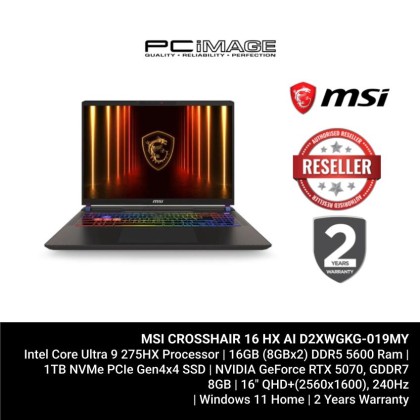 MSI CROSSHAIR 16 HX AI D2XWGKG-019MY U9-275HX AI/16GB 5600MHZ(8+8)/1TB SSD(1*EXTRA GEN5 SLOT)/RTX5070 8GB/16" QHD+ 240HZ/W11H/2YW/COSMOS GRAY/24-ZONE RGB GAMING KB COPILOT KEY(ESSENTIAL BACKPACK)
