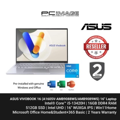ASUS VIVOBOOK 16 (A1605V-AMB9088WS/AMB9089WS) i5-13420H, 16GB DDR4, 512GB SSD, Intel UHD, 16" WUXGA 60HZ, Win11H, OfficeHNS24+365 Basic, 2 Years Warranty
