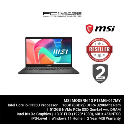 MSI MODERN 13 F13MG-017MY I5-1335U/16GB 3200MHZ(8+8)/512GB SSD/IRIS XE/13.3" FHD/W11H/HNS21/2YW/PLATINUM GRAY(SLEEVE BAG)