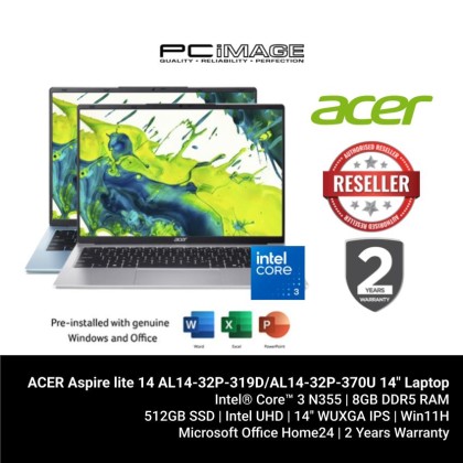 ACER ASPIRE LITE 14 AL14-32P-319D/AL14-32P-370U INTEL® CORE™ 3-N355/8GB DDR5/512GB PCIE NVME G4 SSD/INTEL UHD GRAPHICS/14" WUXGA IPS/W11H/HNS24+M365B/2YW WITH 1ST YEAR ITW (BACKPACK) (NX.D3LSM.001) ACER ASPIRE LITE 14 AL14-32P-319D/AL14-32P-370U INTEL® CORE™ 3-N355/8GB DDR5/512GB PCIE NVME G4 SSD/INTEL UHD GRAPHICS/14" WUXGA IPS/W11H/HNS24+M365B/2YW WITH 1ST YEAR ITW (BACKPACK) (NX.D3LSM.001)