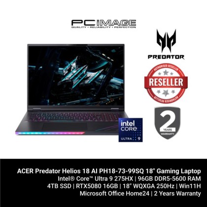 ACER Predator Helios 18 AI PH18-73-99SQ GeForce RTX™ 5080 16GB 18" Gaming Laptop Black (U9 275HX, 96GB DDR5, 4TB SSD, 18" WQXGA 2K 250Hz, Win11H, OfficeHNS24+M365Basic, 2YW)