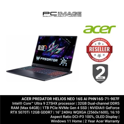 ACER Predator Helios Neo 16S AI 16" Gaming Laptop Black (PHN16S-71-907F) U9 275HX, 32GB DDR5, 1TB SSD, GeForce RTX5070TI 12GB, 16" WQXGA 240HZ OLED, Win11H, 2YW