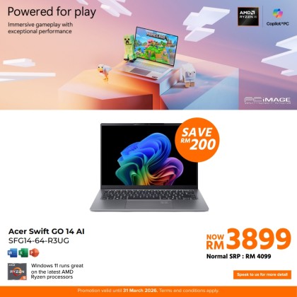 ACER SWIFT GO 14 AI AMD SFG14-64-R3UG AMD RYZEN™ AI 5 340 HEXA-CORE PROCESSOR/16GB ONBOARD LPDDR5X/512GB PCIE NVME G4 SSD/AMD RADEON GRAPHICS/14" FHD IPS