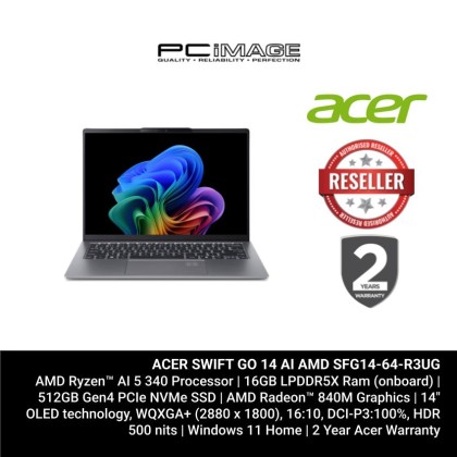ACER SWIFT GO 14 AI AMD SFG14-64-R3UG AMD RYZEN™ AI 5 340 HEXA-CORE PROCESSOR/16GB ONBOARD LPDDR5X/512GB PCIE NVME G4 SSD/AMD RADEON GRAPHICS/14" FHD IPS