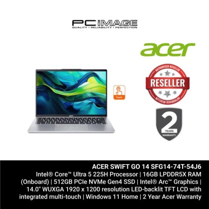 ACER SWIFT GO 14 SFG14-74T-54J6 CORE™ ULTRA 5 PROCESSOR 225H/16GB ONBOARD LPDDR5X/512GB PCIE NVME G4 SSD/INTEL ARC GRAPHICS/14" WUXGA IPS TOUCH