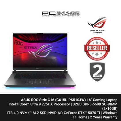 Asus ROG Strix G16 G615L-PS5104W 16'' 2.5K 240Hz Gaming Laptop (CU9-275HX, 32GB, 1TB SSD, RTX5070 8GB, W11)