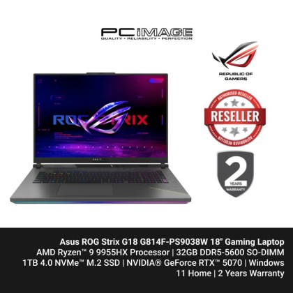 Asus ROG Strix G18 G814F-PS9038W 18'' 2.5K 240Hz Gaming Laptop (R9-9955HX, 32GB, 1TB SSD, RTX5070 8GB, W11)
