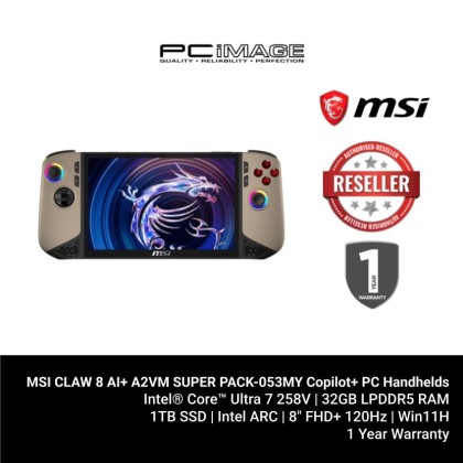 MSI CLAW 8 AI+ A2VM SUPER PACK-053MY Copilot+ PC Handhelds Sandstorm (U7-258V, 32GB LPDDR5, 1TB SSD, Intel Arc, 8" FHD 120HZ, Win11H, 1YW)