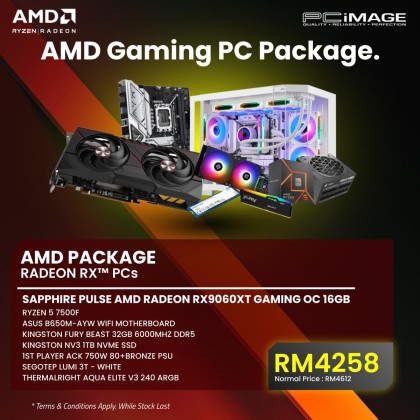 AMD PACKAGE RYZEN 5 7500F RADEON RX PCS - RYZEN 5 7500F/ ASUS B650M-AYW WIFI MOTHERBOARD/ KINGSTON FURY BEAST 32GB 6000MHZ DDR5/ KINGSTON NV3 1TB NVME SSD/ 1ST PLAYER ACK 750W 80+BRONZE PSU/ SEGOTEP LUMI 3T - WHITE/ THERMALRIGHT AQUA ELITE V3 240 ARGB
