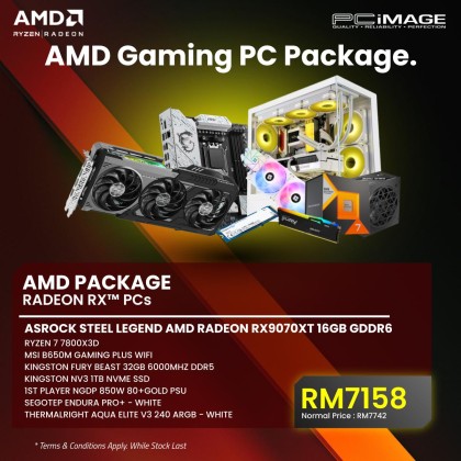 AMD PACKAGE RYZEN 7 7800X3D RADEON RX PCS - ASROCK RX9070XT 16GB GDDR6/ RYZEN 7 7800X3D/  MSI B650M GAMING WIFI/ KINGSTON FURY BEAST 32GB/ KINGSTON NV3 1TB SSD/ 1ST PLAYER NGDP 850W / SEGOTEP ENDURA PRO+/ THERMALRIGHT AQUA ELITE V3 240