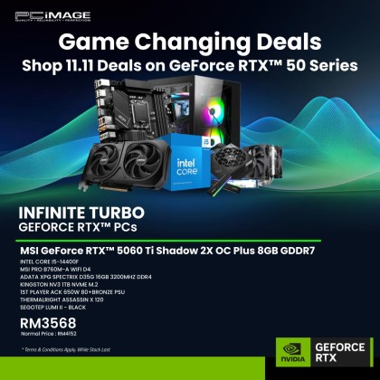 INFINITE TURBO GEFORCE RTX™ PCs - INTEL CORE I5-14400F/ MSI GeForce RTX™ 5060 Ti Shadow 2X OC Plus 8GB GDDR7/ MSI PRO B760M-A WIFI D4/ 16GB RAM/ 1TB NVME SSD/ 1ST PLAYER ACK 650W 80+BRONZE PSU/ THERMALRIGHT ASSASSIN X 120 / SEGOTEP LUMI II - BLACK INFINITE TURBO GEFORCE RTX™ PCs - INTEL CORE I5-14400F/ MSI GeForce RTX™ 5060 Ti Shadow 2X OC Plus 8GB GDDR7/ MSI PRO B760M-A WIFI D4/ 16GB RAM/ 1TB NVME SSD/ 1ST PLAYER ACK 650W 80+BRONZE PSU/ THERMALRIGHT ASSASSIN X 120 / SEGOTEP LUMI II - BLACK