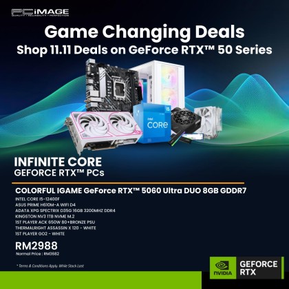 INFINITE CORE GEFORCE RTX™ PCs - INTEL CORE I5-12400F/ COLORFUL Igame GeForce RTX™ 5060 ULTRA DUO 8GB GDDR7/ ASUS PRIME H610M-A WIFI D4/ 16GB RAM/ 1TB NVME SSD/ 1ST PLAYER ACK 650W 80+BRONZE PSU/ THERMALRIGHT ASSASSIN X 120 - WHITE/ 1ST PLAYER GO2 - WHITE INFINITE CORE GEFORCE RTX™ PCs - INTEL CORE I5-12400F/ COLORFUL Igame GeForce RTX™ 5060 ULTRA DUO 8GB GDDR7/ ASUS PRIME H610M-A WIFI D4/ 16GB RAM/ 1TB NVME SSD/ 1ST PLAYER ACK 650W 80+BRONZE PSU/ THERMALRIGHT ASSASSIN X 120 - WHITE/ 1ST PLAYER GO2 - WHITE