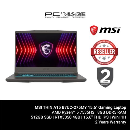 MSI THIN A15 B7UC-275MY 15.6" Gaming Laptop (R5-7535HS, 8GB DDR5, 512GB SSD, RTX3050 4GB, 15.6" FHD 144Hz, Win11H, 2YW)