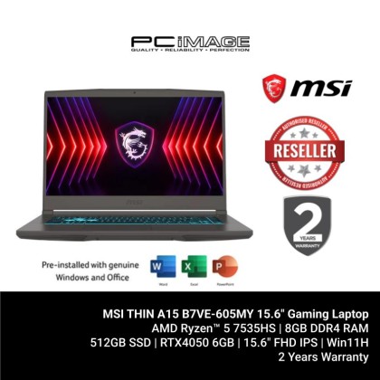 MSI THIN A15 B7VE-605MY 15.6" Gaming Laptop (R5-7535HS, 8GB DDR5, 512GB SSD, RTX4050 6GB, 15.6" FHD 144Hz, Win11H, OfficeHome24, 2YW) MSI THIN A15 B7VE-605MY 15.6" Gaming Laptop (R5-7535HS, 8GB DDR5, 512GB SSD, RTX4050 6GB, 15.6" FHD 144Hz, Win11H, OfficeHome24, 2YW)