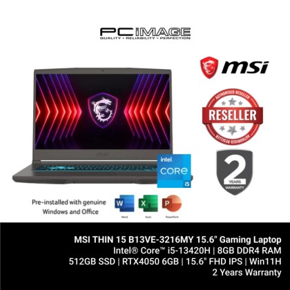 MSI THIN 15 B13VE-3216MY 15.6" Gaming Laptop (i5-13420H, 8GB DDR4, 512GB SSD, RTX4050 6GB, 15.6" FHD 144Hz, Win11H, OfficeHome24, 2YW) MSI THIN 15 B13VE-3216MY 15.6" Gaming Laptop (i5-13420H, 8GB DDR4, 512GB SSD, RTX4050 6GB, 15.6" FHD 144Hz, Win11H, OfficeHome24, 2YW)