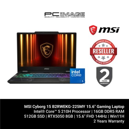 MSI Cyborg 15 B2RWEKG-225MY 15.6" Gaming Laptop (C5-210H, 16GB DDR5, 512GB SSD, GeForce RTX5050 8GB, 15.6" FHD 144Hz, Win11H, 2YW) MSI Cyborg 15 B2RWEKG-225MY 15.6" Gaming Laptop (C5-210H, 16GB DDR5, 512GB SSD, GeForce RTX5050 8GB, 15.6" FHD 144Hz, Win11H, 2YW)
