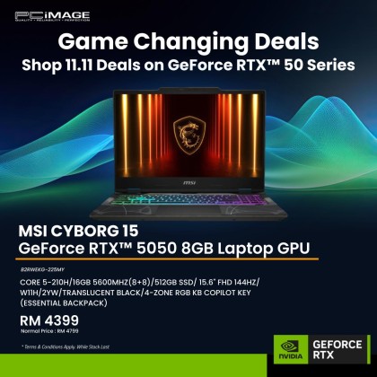 MSI Cyborg 15 B2RWEKG-225MY 15.6" Gaming Laptop (C5-210H, 16GB DDR5, 512GB SSD, GeForce RTX5050 8GB, 15.6" FHD 144Hz, Win11H, 2YW) MSI Cyborg 15 B2RWEKG-225MY 15.6" Gaming Laptop (C5-210H, 16GB DDR5, 512GB SSD, GeForce RTX5050 8GB, 15.6" FHD 144Hz, Win11H, 2YW)