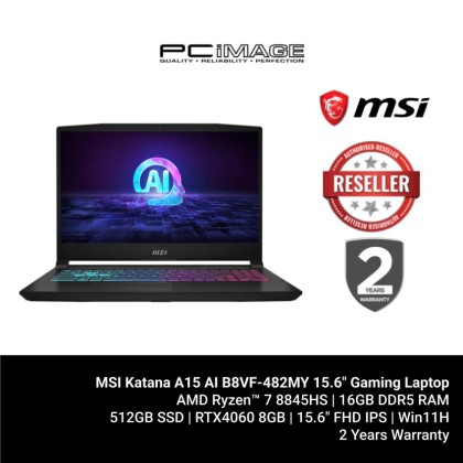 MSI Katana A15 AI B8VF-482MY 15.6" Gaming Laptop Black (R7-8845HS, 16GB 5600Mhz, 512GB SSD, RTX4060 8GB, 15.6" FHD 144HZ, Win11H, 2YW) MSI Katana A15 AI B8VF-482MY 15.6" Gaming Laptop Black (R7-8845HS, 16GB 5600Mhz, 512GB SSD, RTX4060 8GB, 15.6" FHD 144HZ, Win11H, 2YW)