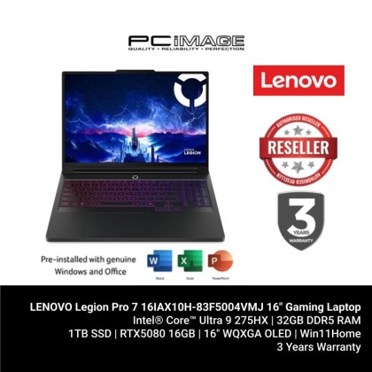 LENOVO Legion Pro 7 16IAX10H-83F5004VMJ 16" Gaming Laptop Eclipse Black (U9 275HX, 32GB DDR5, 1TB SSD, GeForce RTX5080 16GB, 16" WQXGA OLED, Win11H, 3YW) LENOVO Legion Pro 7 16IAX10H-83F5004VMJ 16" Gaming Laptop Eclipse Black (U9 275HX, 32GB DDR5, 1TB SSD, GeForce RTX5080 16GB, 16" WQXGA OLED, Win11H, 3YW)