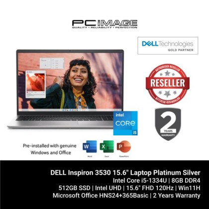 DELL Inspiron 3530 15.6" Laptop Platinum Silver (i5-1334U, 8GB DDR4, 512GB SSD, Intel UHD, 15.6" FHD 120HZ, Win11H, OfficeHNS24+365Basic, 2YW)