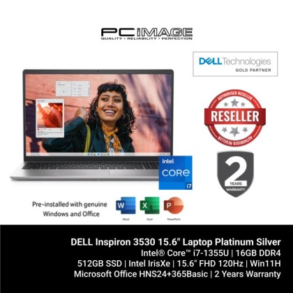 DELL Inspiron 3530 15.6" Laptop Platinum Silver (i7-1355U, 16GB DDR4, 512GB SSD, Intel IrisXe, 15.6" FHD 120HZ, Win11H, OfficeHNS24+365Basic, 2YW) DELL Inspiron 3530 15.6" Laptop Platinum Silver (i7-1355U, 16GB DDR4, 512GB SSD, Intel IrisXe, 15.6" FHD 120HZ, Win11H, OfficeHNS24+365Basic, 2YW)