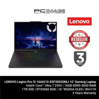 LENOVO Legion Pro 5I 16IAX10-83F3002QMJ 16" Gaming Laptop Eclipse Black (U7-255HX, 16GB DDR5, 1TB SSD, GeForce RTX5060 8GB, 16" WQXGA OLED, Win11H, 2YW) LENOVO Legion Pro 5I 16IAX10-83F3002QMJ 16" Gaming Laptop Eclipse Black (U7-255HX, 16GB DDR5, 1TB SSD, GeForce RTX5060 8GB, 16" WQXGA OLED, Win11H, 2YW)