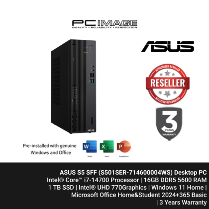 ASUS S5 SFF S501SER-714700004WS I7-14700/16GB D5-5600(EXTRA SLOT)/1TB 4.0/330W/UHD GRAPHICS 770/W11H/HNS24+365BASIC/3Y ONSITE SERVICE/EXTREME DARK GRAY