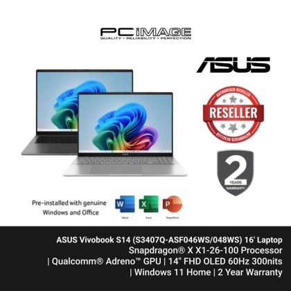 ASUS VIVOBOOK S14 OLED (S3407Q-ASF046WS/ASF048WS) SD X1-26-100, 16GB LPDDR5X, 1TB SSD, Qualcomm Adreno, 14" WUXGA 60HZ, Win11H, OfficeHNS24+365Basic, 2YW