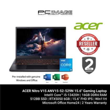 ACER Nitro V15 ANV15-52-529N GeForce RTX™ 5005 6GB 15.6" Gaming Laptop Black (i5-13420H, 16GB DDR4, 512GB SSD, GeForce RTX5050 6GB, 15.6" FHD 180HZ, Win11H, OfficeHome24, 2YW)