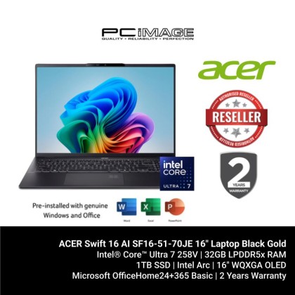 ACER Swift 16 AI SF16-51-70JE 16" Laptop Black Gold (U7 2 258V, 32GB LPDDR5X, 1TB SSD, Intel Arc, 16" WQXGA OLED, Win11H, OfficeHNS24+M365, 2YW) + FREE RM150 TNG
