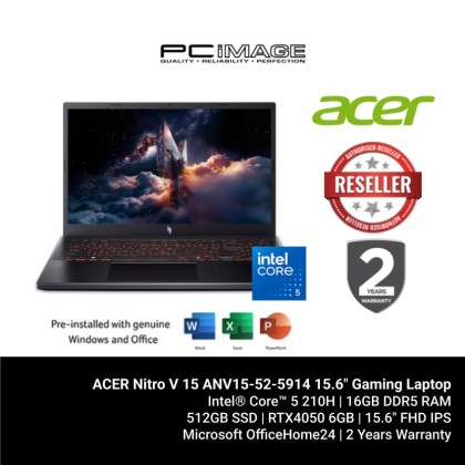 ACER Nitro V 15 ANV15-52-5914 15.6" Gaming Laptop Black (C5-210H, 16GB DDR5, 512GB SSD, GeForce RTX4050 6GB, 15.6" FHD 165HZ, Win11H, OfficeHome24, 2YW)