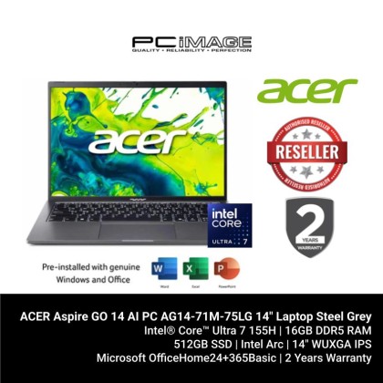 ACER Aspire GO 14 AI PC AG14-71M-75LG 14" Laptop Steel Grey (U7-155H, 16GB DDR5, 512GB SSD, Intel, 14" WUXGA IPS, Win11H, OfficeHNS24+M365Basic, 2YW)