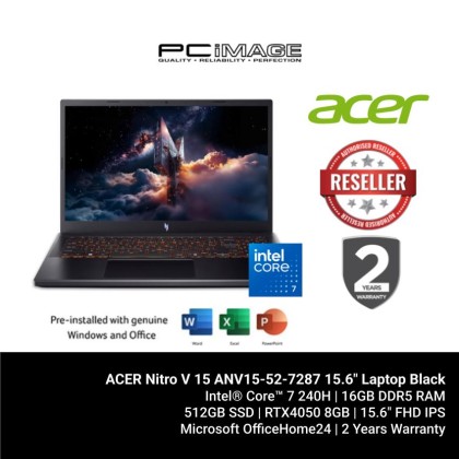 ACER Nitro V 15 ANV15-52-7287 15.6" Laptop Black (C7-240H, 16GB DDR5, 512GB SSD, GeForce RTX4050 6GB, 15.6" FHD 165HZ, Win11H, OfficeHome24, 2YW)