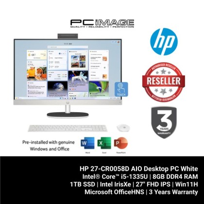HP 27-CR0058D AIO Desktop PC White (i5-1335U, 8GB DDR4, 1TB SSD, Intel IrisXe, 27" FHD Touch, Win11H, OfficeHNS, 3YW) HP 27-CR0058D AIO Desktop PC White (i5-1335U, 8GB DDR4, 1TB SSD, Intel IrisXe, 27" FHD Touch, Win11H, OfficeHNS, 3YW)