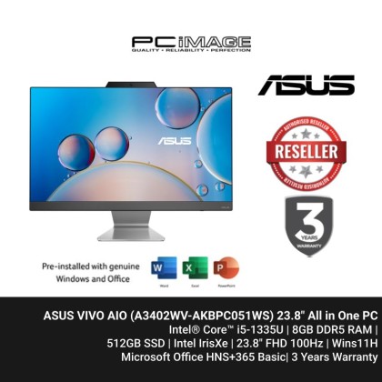 ASUS VIVO AIO (A3402WV-AKBPC051WS) i5-1335U, 8GB DDR5, 512GB SSD, Intel, 23.8" FHD 100HZ, Win11H, OfficeHNS21+365 Basic, 3YW - Black