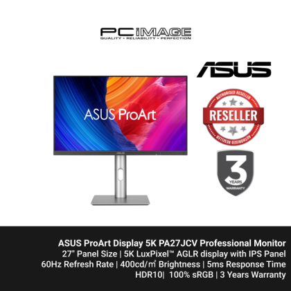 ASUS ProArt Display 5K PA27JCV Professional Monitor - 27”/5120x2880/5K/5MS/60HZ/HDMI/USB-C/DP/96W/IPS/3YW ASUS ProArt Display 5K PA27JCV Professional Monitor - 27”/5120x2880/5K/5MS/60HZ/HDMI/USB-C/DP/96W/IPS/3YW