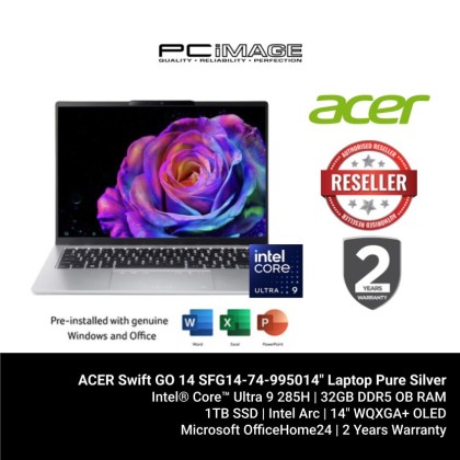 ACER Swift GO 14 SFG14-74-9950 14" Laptop Pure Silver (U9-285H, 32GB DDR5, 1TB SSD, Intel Arc, 14" WQXGA+ OLED, Win11H, OfficeHome24, 2YW)
