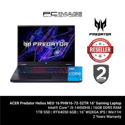 ACER Predator Helios NEO 16 PHN16-72-52TR 16" Gaming Laptop Black (i5-14450HX, 16GB DDR5, 1TB SSD, GeForce RTX4050 6GB, 16" WQXGA 165HZ, Win11H, 2YW)